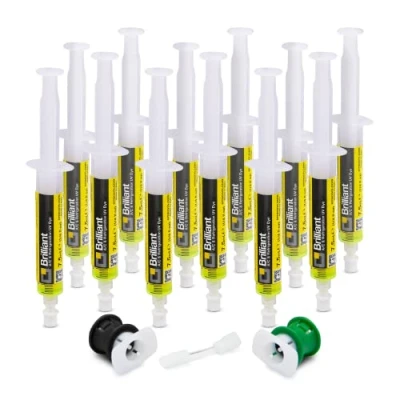 Image of ERRECOM Brilliant 12 x 7.5 ml, Fluorescent UV Dye for Detecting Refrigerant Gas Leaks in Vehicle A/C Systems, includes R134a and R1234yf adapters