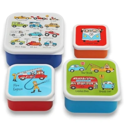 Image of Tyrrell Katz Kids Snack Boxes with Cars Print Children&#039;s 4 Piece Set Freezer Safe Square Food Storage Containers