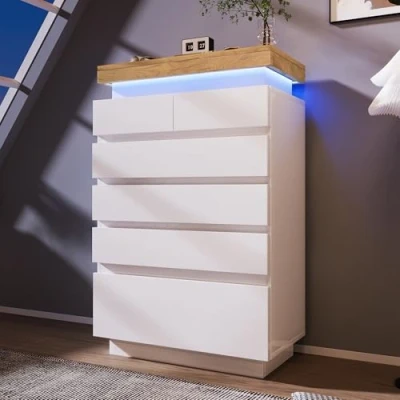 Image of ModernLuxe Chest of Drawers High Gloss Sideboard Cabinet with LED, 2 Doors &amp; 6 Drawers, App Controlled Lighting, Multi Purpose Storage Unit for Living Room Bedroom, 115x73x39 cm, White