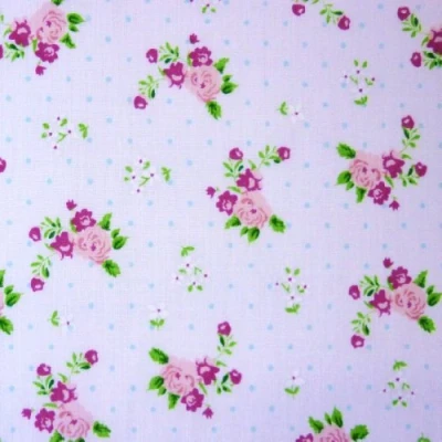 Image of White Polka Dot Polycotton Fabric with Roses and Small Flower Print (Per Metre)