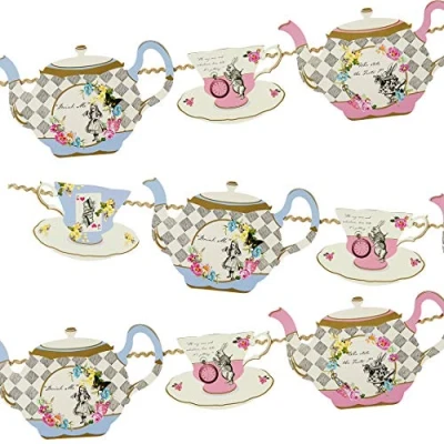 Image of Alice in Wonderland Supplies Teapot Banner Bunting Decorations For Mad Hatter Tea, Birthday Party, Baby Shower, Garden Paper, Length 4m