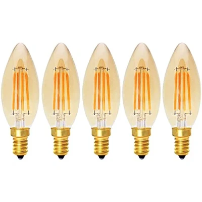 Image of KUNOQXHA E14 LED Candelabra Light Bulbs, 4W Dimmable Chandelier Bulbs 40 Watt Equivalent Vintage Edison Style Base Filament Bulb 2200K Warm Yellow 400LM Amber Glass Torpedo Shape 5 Pack