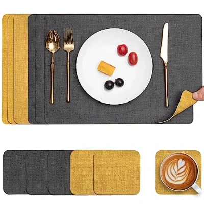 Image of Myir JUN Placemats and Coasters Set of 6, Place Mats Dual Sided Faux Leather Table PU Indoor Outdoor Heat Resistant Placemat Square Non Slip Wipeable Washable Dining Restaurant (Grey Yellow)
