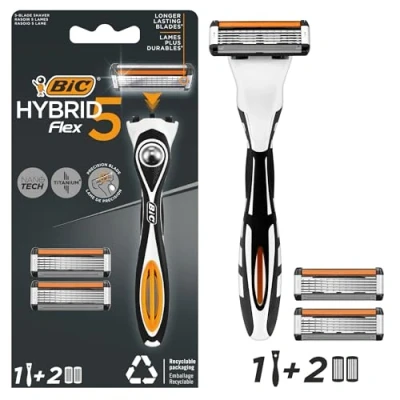 Image of BIC Hybrid 5 Flex Refillable Men&#039;s Razor Kit, Handle and Nano Tech Titanium Blade Refills Box of 1+2