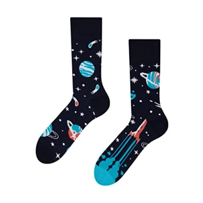 Image of Dedoles Unisex Socks for Women, Men &amp; Kids Cotton Funny Designs Football Bicycle Horses Plants Firefighter Gift Mismatched, Design: Starship and Planets, Colour: Black, Size: 5 7.5 W / 6 8 M UK