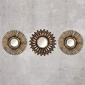 Image of Marco Paul Interiors 3Pc Shabby Chic Round Sunburst Wall Mirrors In Distressed Gold, Decorative Mountable Home Decor (Gold)