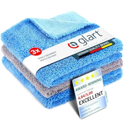 Image of Glart 432S 3 Piece Set Fever Fluffy Double Sided Polishing Cloths for Cars, Motorbikes and Machines, Detailing Microfibre Cloth Set, Absorbent 40 x cm, Blue/Grey