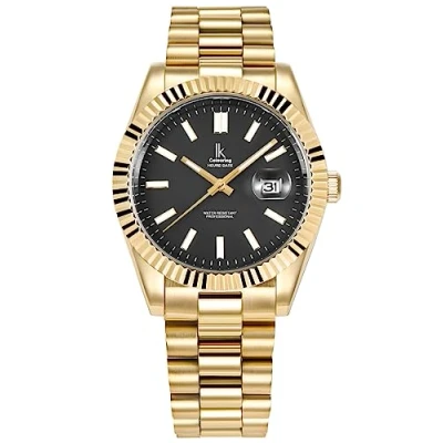 Image of Alienwork Watch Men Women Gold Stainless Steel Metal Strap Calendar Date Black Classic Elegant