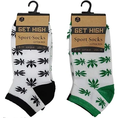 Image of 6 Pairs Men&#039;s Trainer Ganja weed Leaf Print Cannabis Marijuana Design Cotton Socks Uk Size 6/11 (White)