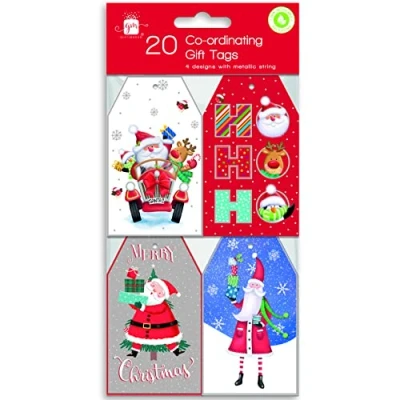 Image of Gift Maker Pack of 20 Co Ordinating Santa &amp; Friends Tags for Christmas with Metallic String, Multicoloured, 90 x 55mm