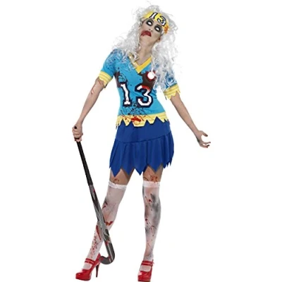 Image of Smiffys Smiffy’s Women’s Zombie Hockey Player Costume, Top, Skirt and Headband, High School Horrors, Size 16 18, Colour: Multi, 24367