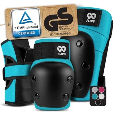 Image of 99FLIPS Skate pads adult knee and Elbow incl. Wrist Guards for Skateboard, Scooter Inline skating Size M in Light Blue skateboard