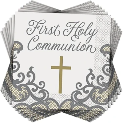 Image of Elegant Gold Cross First Communion Napkins (16cm) Premium Metallic Design Perfect for Holy Celebrations &amp; Special Events 16ct