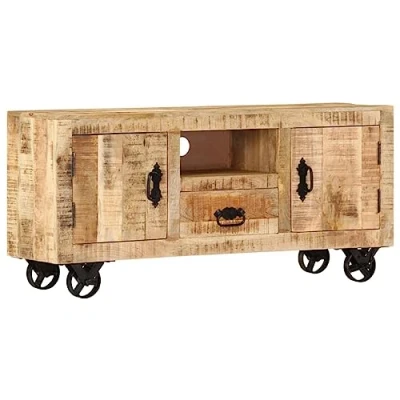 Image of vidaXL TV Cabinet Solid Rough Mango Wood Vintage Style with Ample Storage Space, Easy Movement Iron Wheels, Versatile Use such as Sideboard, Lowboard