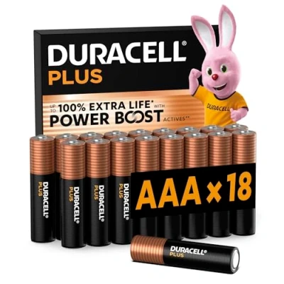 Image of Duracell Plus AAA Batteries (18 Pack) Alkaline 1.5V Up To 100% Extra Life Reliability For Everyday Devices 0% Plastic Packaging 10 Year Storage LR03 MN2400
