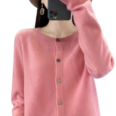 Image of TeysHa Women&#039;s Cashmere Cardigan Sweater,Wool Crew Neck Button Down Long Sleeve Sweater,Soft Warm Knit Elastic Jumpers (Pink,Small)