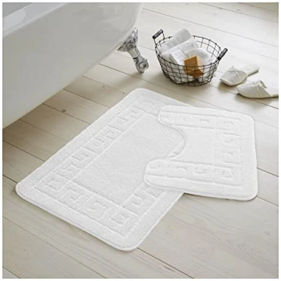 Image of GC GAVENO CAVAILIA Greek Key Pattern Bath Mats 2 Piece Sets Non Slip, Soft Washable Rug Quick Dry Water Absorbent Bathroom Shower Mat &amp; Pedestal Set, White