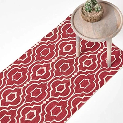 Image of HOMESCAPES Geometric Printed Hallway Runner &#039;Riga&#039; 100% Cotton Red &amp; White Contemporary Rug, 66 x 200 cm