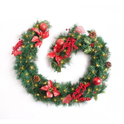 Image of Best Artificial 6ft Red Decorated Christmas Garland with 50 Warm White LED Battery Lights