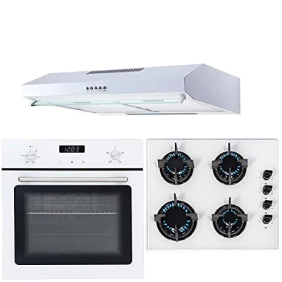 Image of SIA 60cm SO103WH White Touch Control Fan Oven, GHG602WH 4 Burner Gas Hob &amp; VRS60WH Visor Cooker Hood Extractor