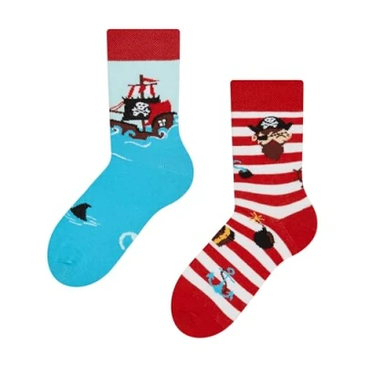 Image of Dedoles Unisex Socks for Women, Men &amp; Kids Cotton Funny Designs Football Bicycle Horses Plants Firefighter Gift Mismatched, Design: Pirate Adventure, Colour: Red, Size: 12K 2 UK