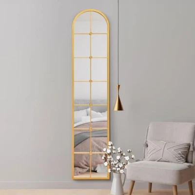 Image of MirrorOutlet The Arcus Gold Framed Modern Full Length Arched Leaner Wall Mirror 75&quot; X 16&quot; (190CM 40CM) Silver Glass with Black All weather Backing.