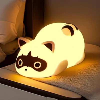 Image of QUIGO Children&#039;s Night Light Rechargeable Baby Bedside Lamp with USB Raccoon Silicone Touch LED Light, Child Gift Toy Boys and Girls