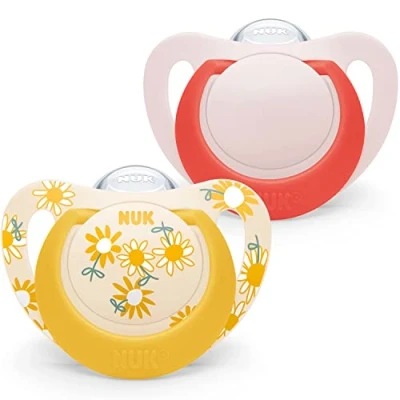 Image of NUK Star Baby Dummy 18 36 Months Soothes 99% of Babies BPA Free Silicone Soothers Yellow Flowers 2 Count