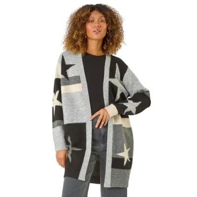 Image of Roman Originals Women Cardigan Ladies Longline Coatigan Tassel Open Front Cardi Winter Autumn Casual Textured Edge to Yarn Patterned Comfy Work Going Out Black Multi Size 20