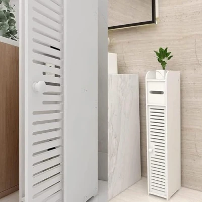 Image of YORKSHIRE HOMEWARE White Wooden Free Floor Standing Toilet Roll Tissue Paper Cabinet Bathroom Storage Cupboard with Doors and Shelves Narrow Organizer Shelf Holder