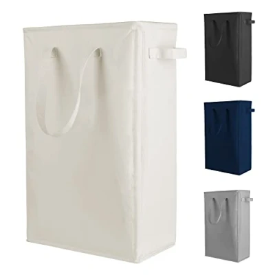 Image of Odonata Slim Laundry Hamper Handles Collapsible Basket Thin Dirty Clothes Narrow Bag Foldable 45L (Beige)
