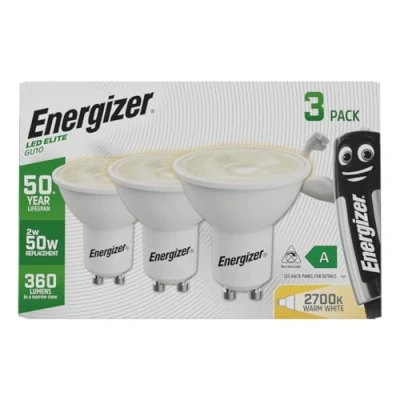 Image of Energizer Ultra Efficient 50 Year Life Span GU10 LED Bulbs Ideal Light for Fittings Featuring a Bulb. Low Energy. Next Generation Warm White 3 Pack