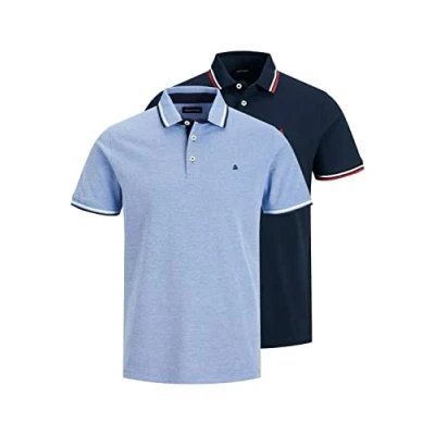 Image of JACK &amp; JONES Men&#039;s Jjepaulos Polo Ss 2pk MP Noos Shirt, Ensign Blue + Navy 12191216, XXL