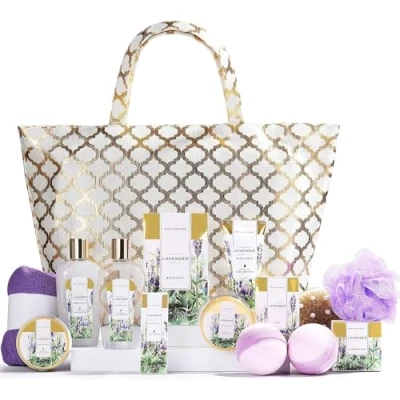 Image of Spa Luxetique Lavender Bath Sets, 15pcs Gift Pamper Gifts for Women, Sets in Golden Bag with Body Scrub, Butter, Hand Cream, Mum, Her, Christmas