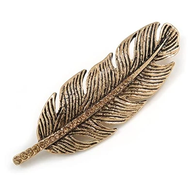 Image of Avalaya Aged Gold Tone Citrine Coloured Crystal Feather Brooch 65mm L