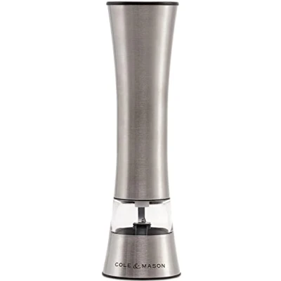 Image of Cole &amp; Mason Burford Electronic Salt and Pepper Mill, Adjustable Grind, One Touch Operation, Stainles Steel, 180mm, Includes 1x or Grinder for Seasoning