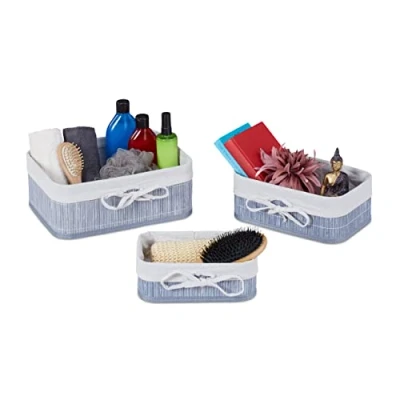 Image of Relaxdays Bamboo Storage Basket Set of 3, Fabric Lining, Shelf Organiser in Different Shapes and Sizes, Grey/Creme, 12 x 32 23 cm