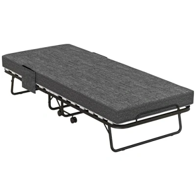 Image of HOMCOM Folding Bed with Mattress, Foldable Guest on Wheels, Portable Single 10cm Side Pockets, Cover, 190 x 80cm, Dark Grey