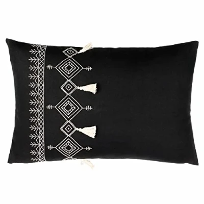 Image of furn. Pritta Cotton Embroidered Tasselled Feather Filled Cushion Black One Size