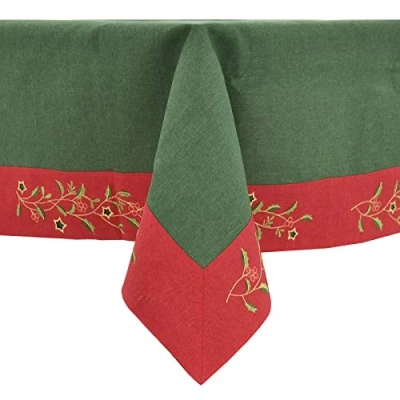 Image of Mr Crimbo Christmas Tablecloth Green Red Fabric Luxury Embroidered Holly Berries Rectangle 52 x 70