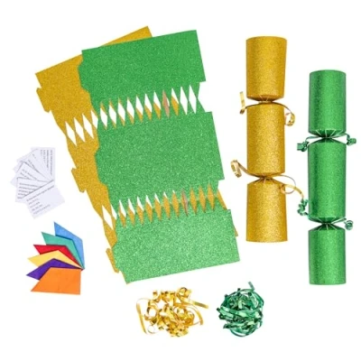 Image of evelay 12 Make Your Own Christmas Cracker Kit DIY Green &amp; Gold Glitter Crackers Hats Snaps Jokes (Green, Gold)