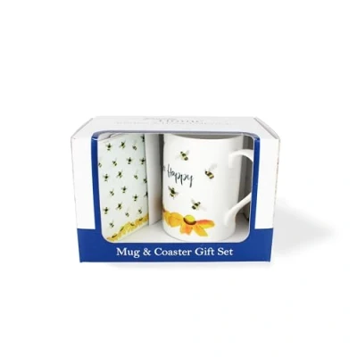 Image of Bee Mug &amp; Coaster Gift Set Happy Bumblebees Flowers Bone China and Glass Tea/Coffee Present