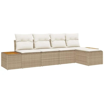 Image of 5 Piece Garden Sofa Set with Cushions in Beige Poly Rattan Acacia Vidaxl