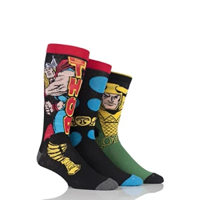Image of 3 Pair Assorted Marvel Thor and Loki Cotton Socks Men&#039;s 11 13 Mens Film &amp; TV Characters