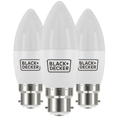 Image of BLACK+DECKER® LED Candle Lightbulbs Pack of 3 Light Bulbs 4.2W B22 Bayonet Base Daylight 6500K Non Dimmable 470 Lumens Energy Class E