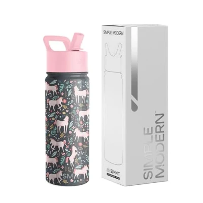 Image of Simple Modern Kids Water Bottle with Straw Insulated Stainless Steel Reusable Tumbler for School, Girls, Boys Summit Collection 530ml Unicorn Fields