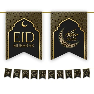 Image of Eid Mubarak Bunting Party Flags Decorations (Black &amp; Gold) Happy Banner Hanging Decor for Home Domes Lanterns Moon Star