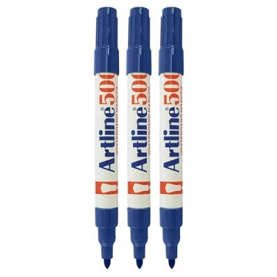 Image of artline 500 Whiteboard Marker Pens, BLUE, Bold Acrylic Point (2.0mm), Pack of 3, Metal Body, Dry Erase Easy Wipe, Refillable, School Office Everyday Use