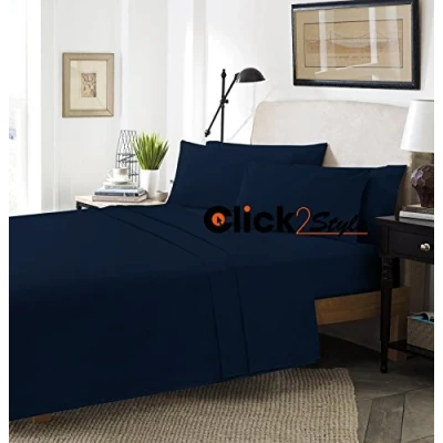 Image of clicktostyle Flat Sheets Polycotton Percale T180 Non Iron Easy Care Pillow Cases Sold Separately (Double, Navy Blue)