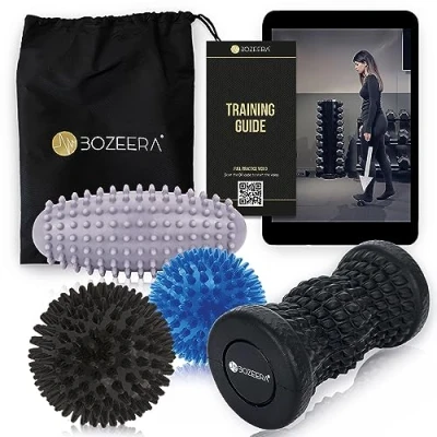 Image of BOZEERA Foot Roller &amp; Spiky Massage Ball Set 1x Massager Roller, 2X Ball, Oval for Plantar Fasciitis, Back, Legs, Feet Relief Includes Video, Poster Bag